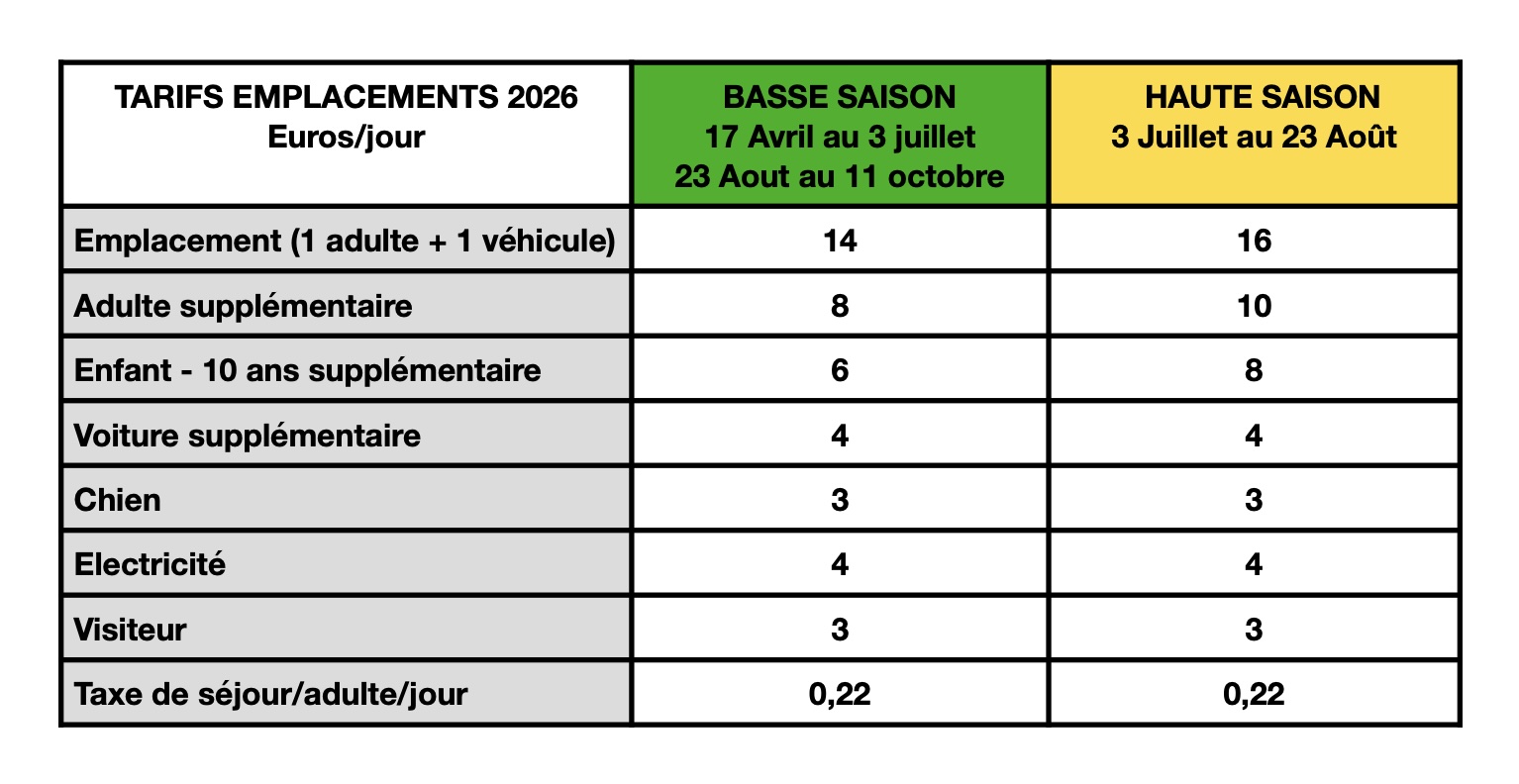 tarifs emplacements 2026 camping drome